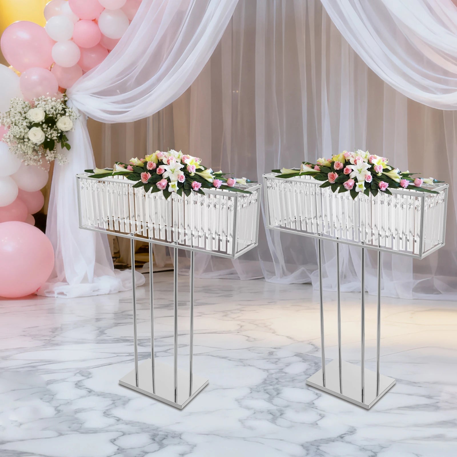 2Packs Square Crystal Flower Stands, Crystal Flowers Display Rack Silver 70*90cm Decoration Freestanding/Tabletop for Wedding