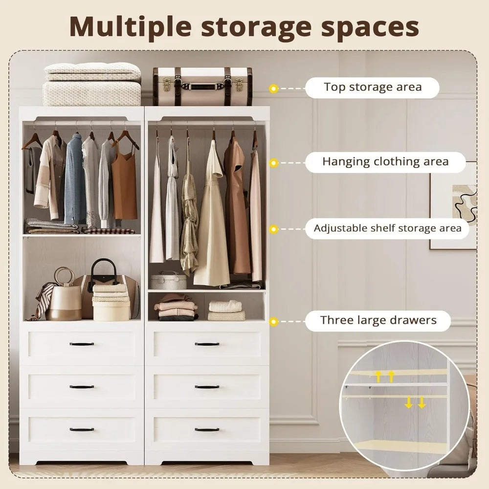 Freestanding Closet System with Wood Drawers, Adjustable Shelves, and Hanging Rod