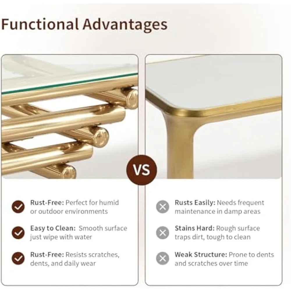 55" Glass Coffee Table, Modern Gold Coffee Table for Living Room, Rectangular Tempered Glass Top with Stainless Steel Legs