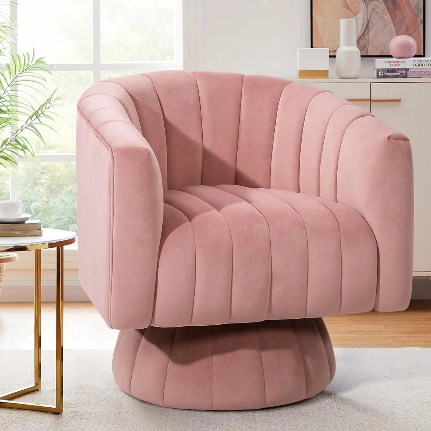 360° Swivel Accent Chair with Armrest Set of 2 Mid Century Tufted Velvet for Living Room/ Bedroom /Reading/ Beige