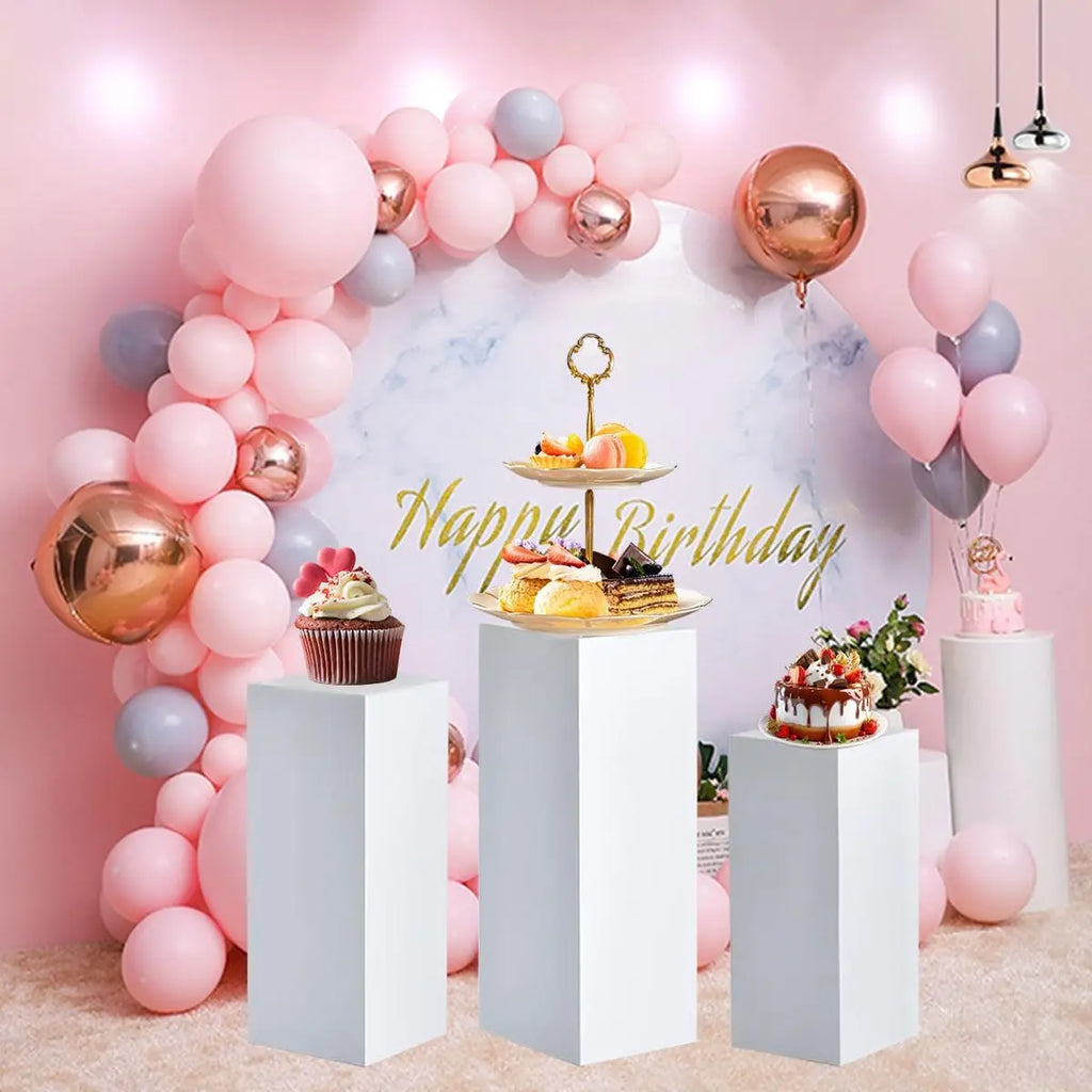 3Pcs White Metal Display Pedestal Stand for Party/ Wedding Sculpture/ Cylindrical Holder for Home/ Garden Decoration