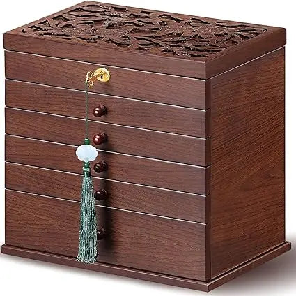Large Vintage Wooden 5-Drawer Jewelry Organizer Box with Lock for Necklaces, Rings, and Earrings