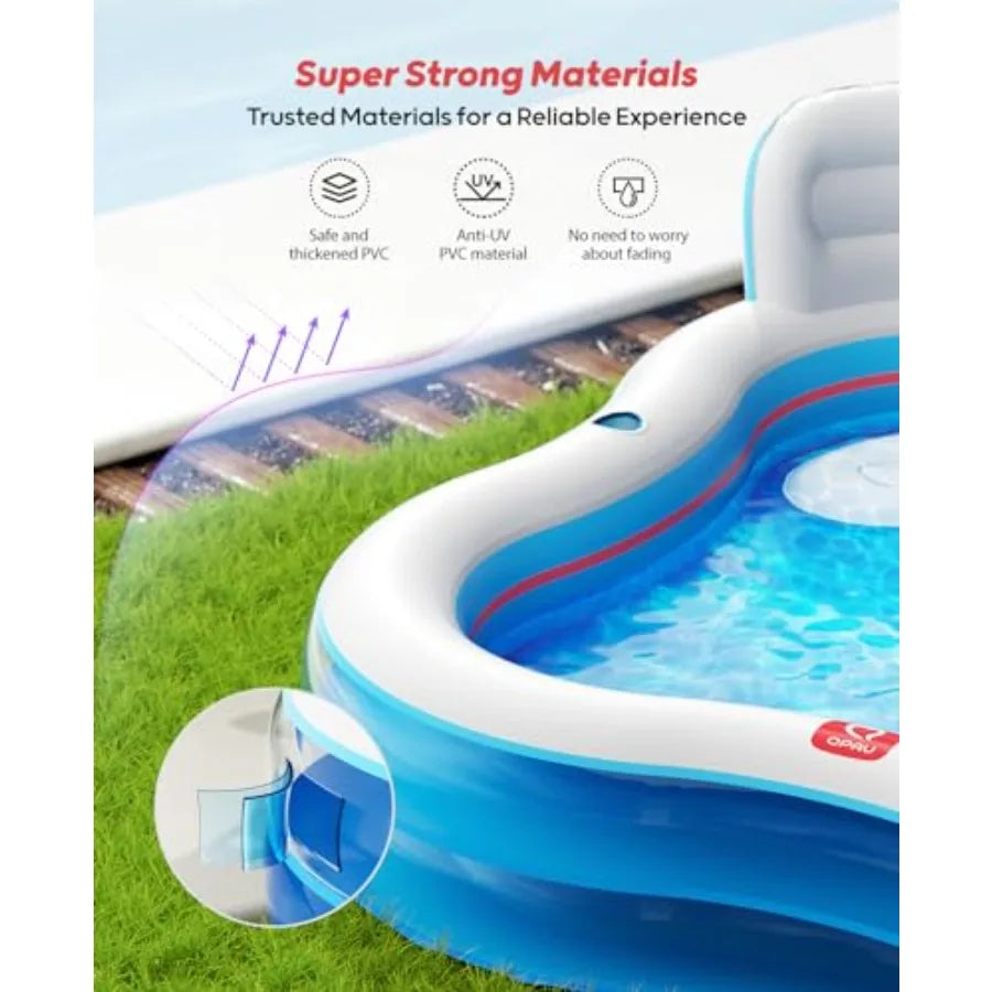 Inflatable Swimming Pool with 2 Seats and Backrests, 80 L x 80 W x 16.5 D Large Full-Sized Family Pools for Backyard, Garden, O