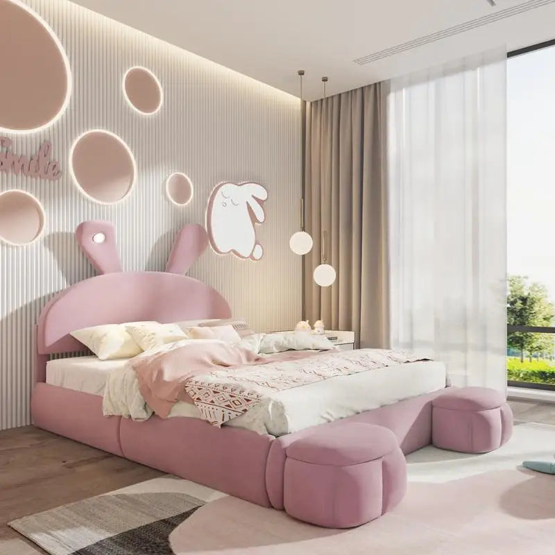 Full Size Upholstered Platform Bed with Cartoon Ear Headboard and Light, Pink Color