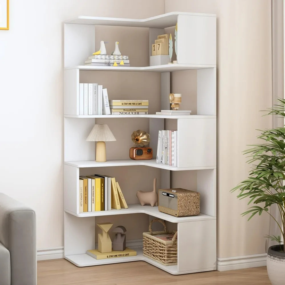 White 66" High 6-Tier L-Shaped Wooden Corner Bookshelf with Open Shelves