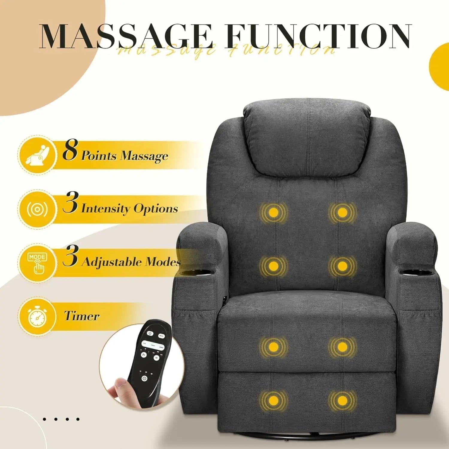 Recliner Chair, 360° Swivel Rocker Chair for Adults, Rocking Recliner Chair with Massage, Comfy with Side Pockets