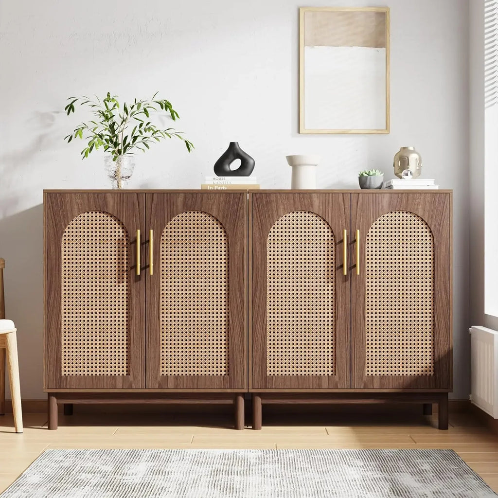 NEW Set of 2 Rattan Sideboard Buffet Cabinet with Storage, 59 Inch Accent Cabinet for Dining Room, Living Room, Kitchen, Rattan