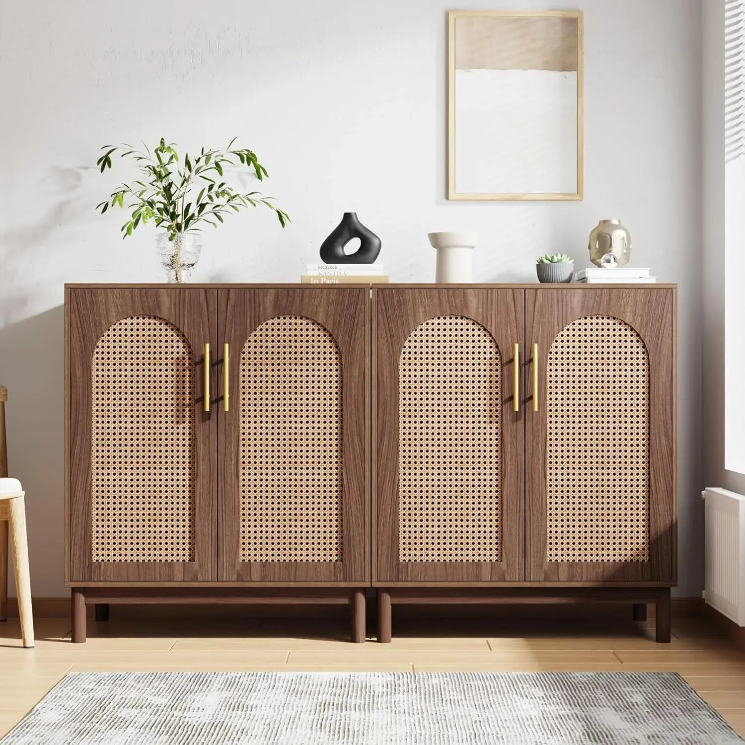 NEW Set of 2 Rattan Sideboard Buffet Cabinet with Storage, 59 Inch Accent Cabinet for Dining Room, Living Room, Kitchen, Rattan