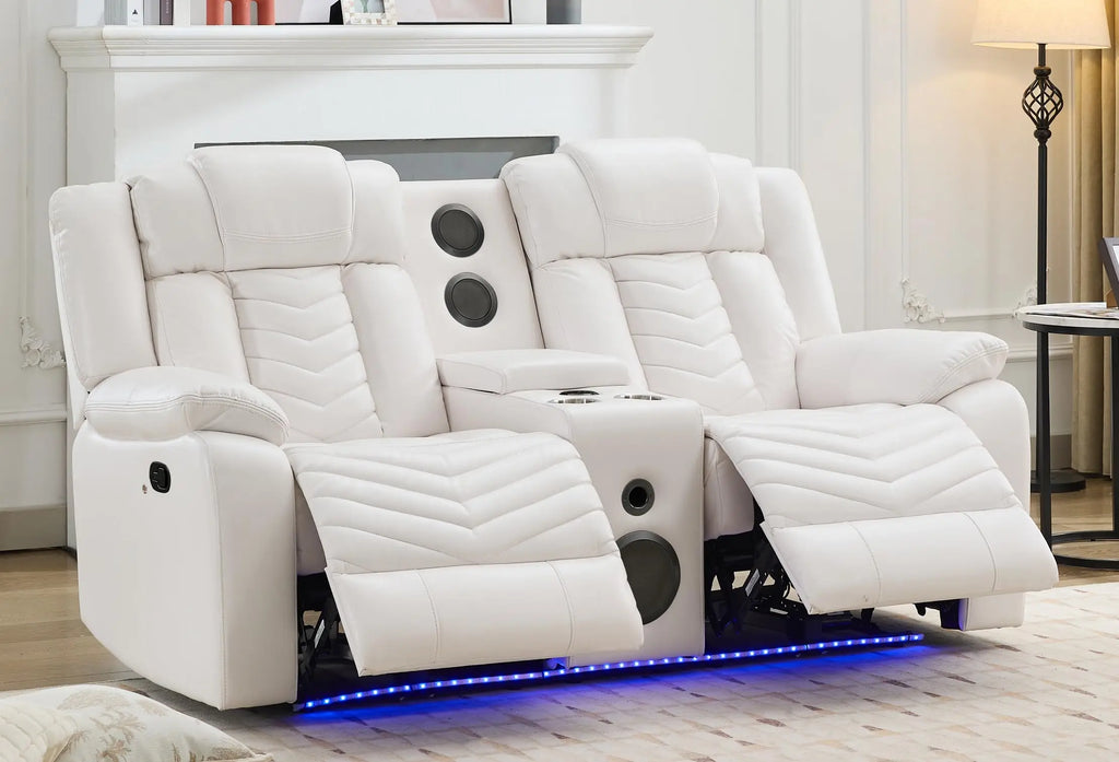 Manual Recliner Loveseat with Bass Speaker, Faux Leather Reclining Love Seat with LED Lights, USB Charger, Cup Holder