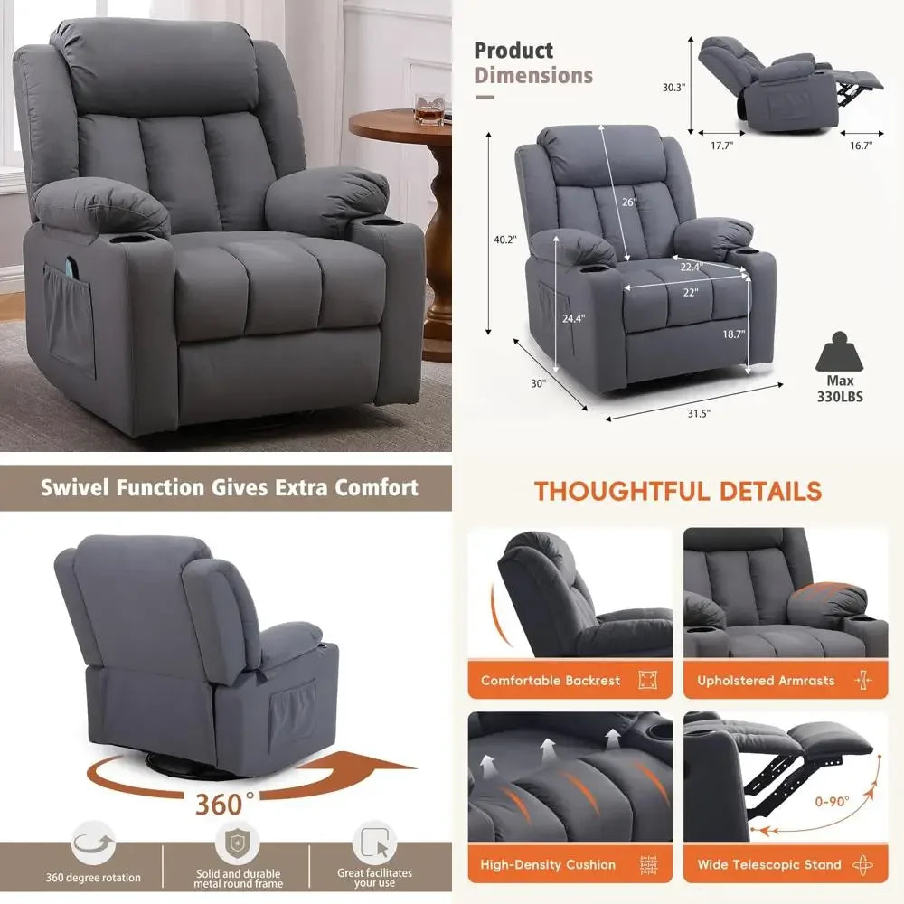 Adults Plush Swivel Recliner Chair: Oversized Manual Glider with Massage, Heat, and Cozy Fabric