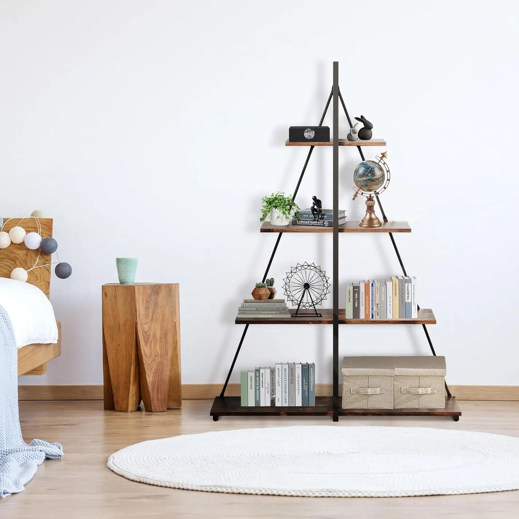 4-Tier A-Frame Ladder Shelf Bookcase - Steel Frame Bookshelf | Rustic Book Storage Shelf for Living Room, Bedroom or Kitchen, Living Room Display Rack Stand