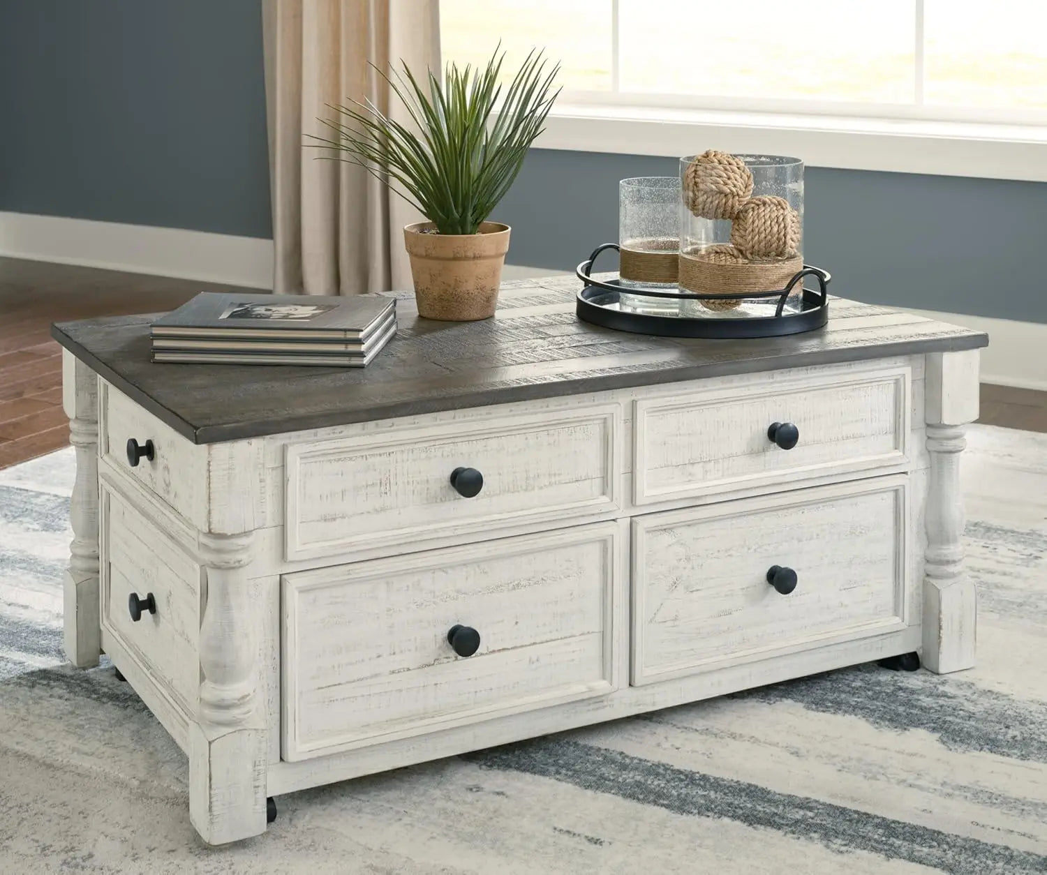 Farmhouse Lift Top Coffee Table with 4 Storage Drawers and Small Storage Tray, Whitewash