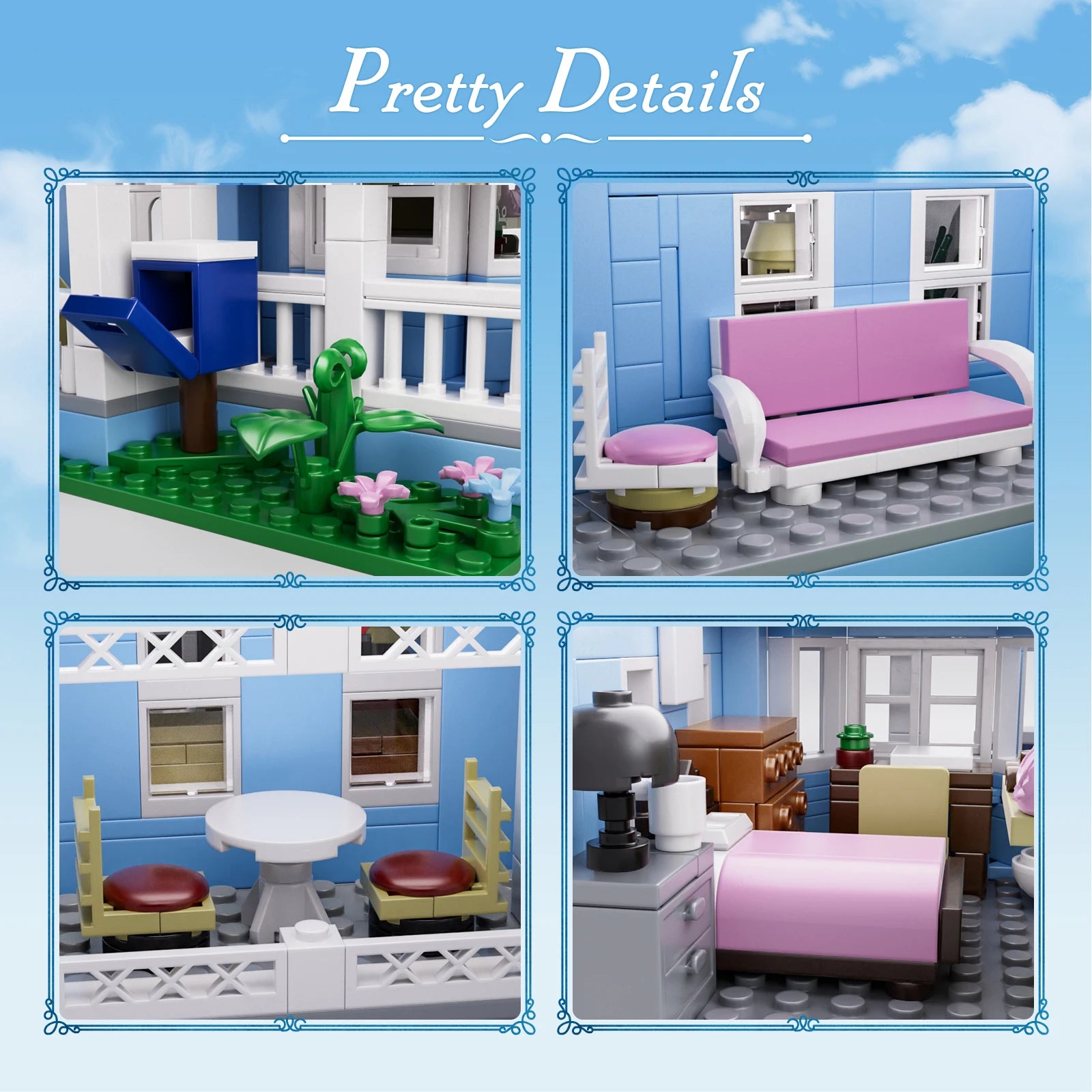Girls House Building Blocks Sets/ Blue Palace Home Decor/ Desktop Ornament /Architecture/ Room Decoration/ Teens/ Adults Gifts