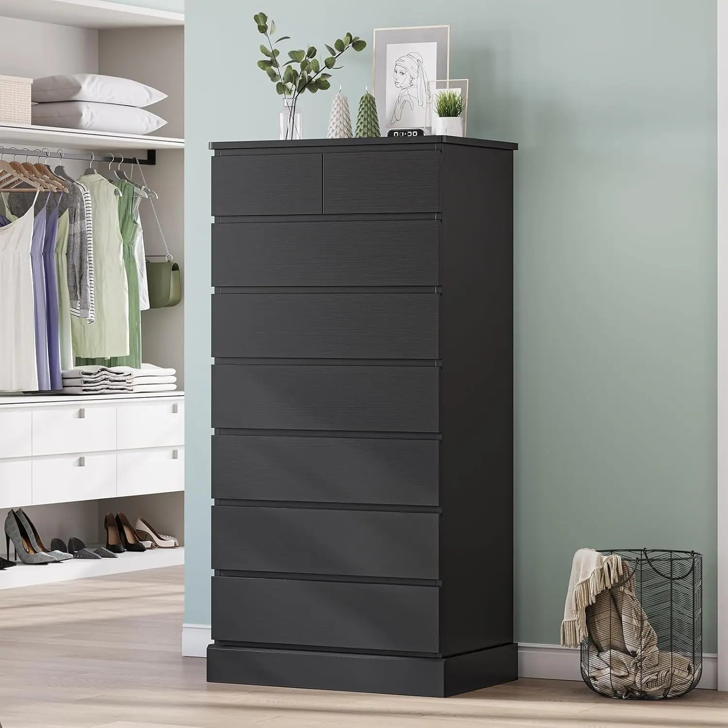 Black Tall Dresser for Bedroom with 8 Drawers, 59.6" Tall Dressers & Chests of Drawers, Modern Wood Closet Organizer