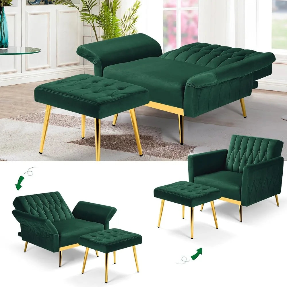 Upholstered Reclining Chair/Ottoman with Adjustable Armrests and Back, Button-Tufted Relaxation Seat
