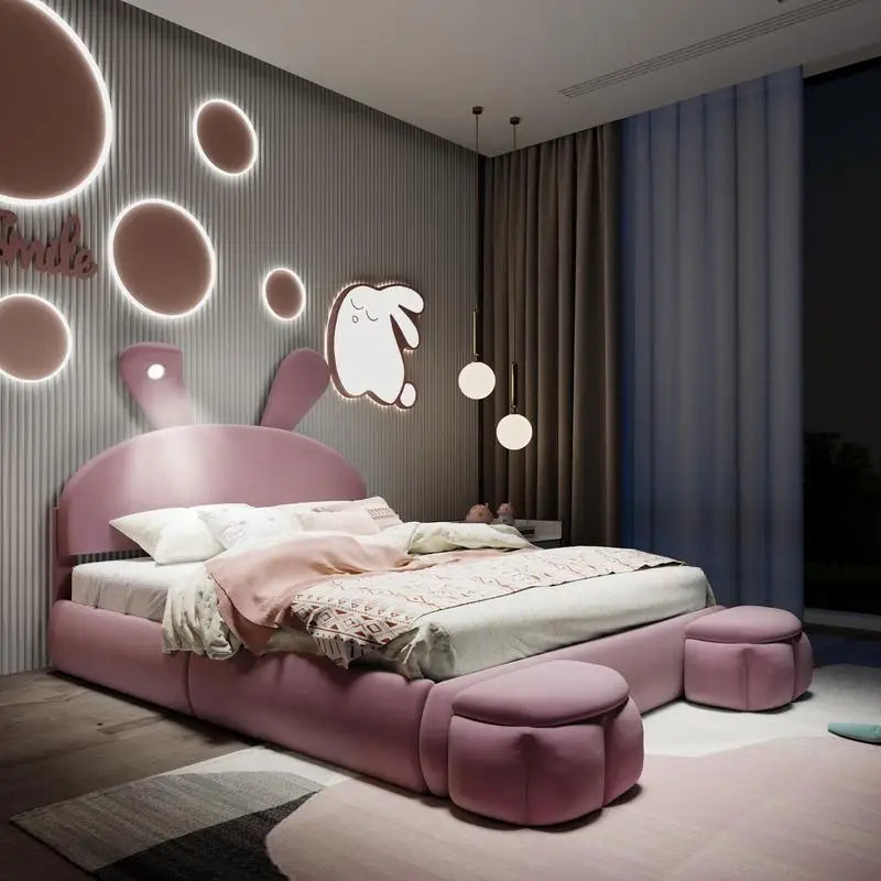 Full Size Upholstered Platform Bed with Cartoon Ear Headboard and Light, Pink Color