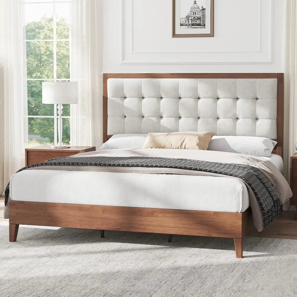 Mid-Century Walnut Solid Wood Bed Frame with Tufted Headboard, No Box Spring Needed