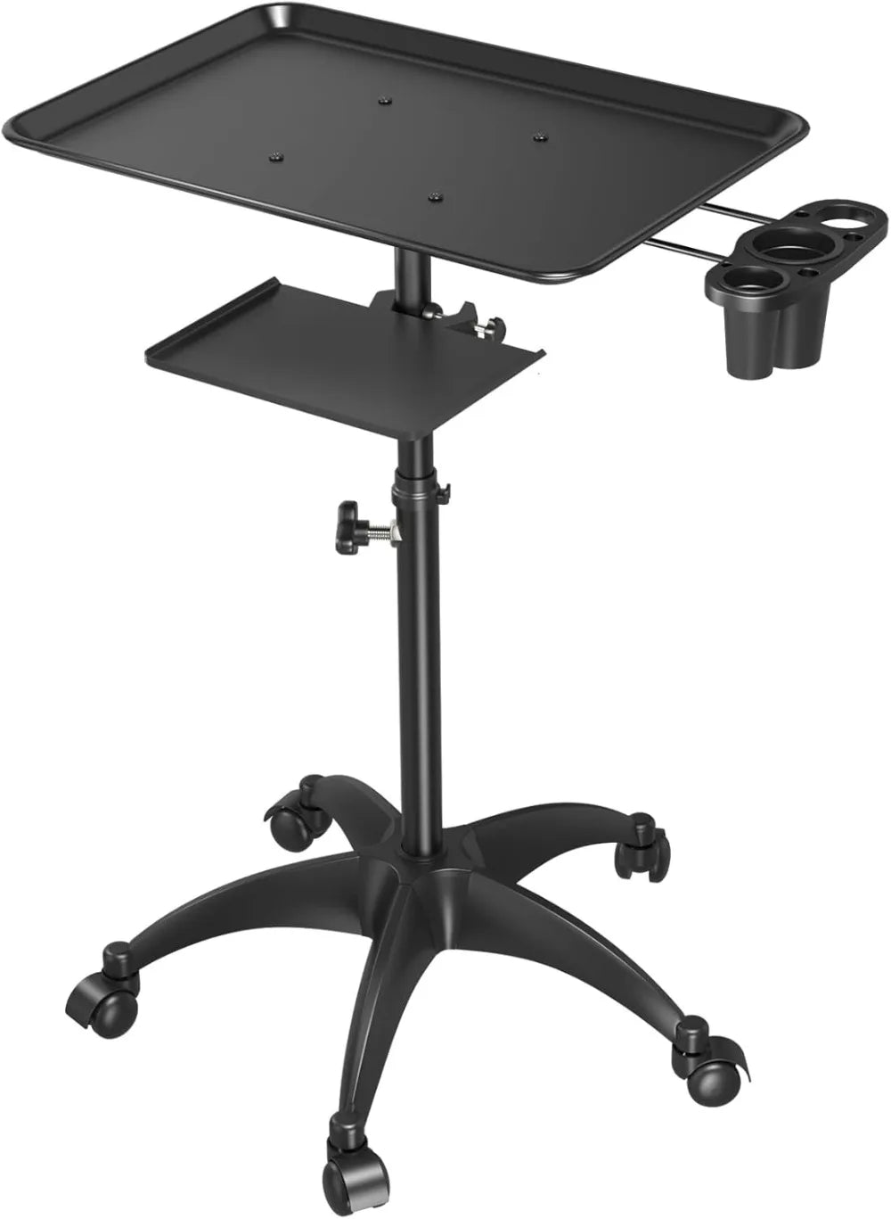 Adjustable Height Salon Tray Cart with Wheels, Aluminum Storage Trolley for Salon Spa, Tattoo Use, Black