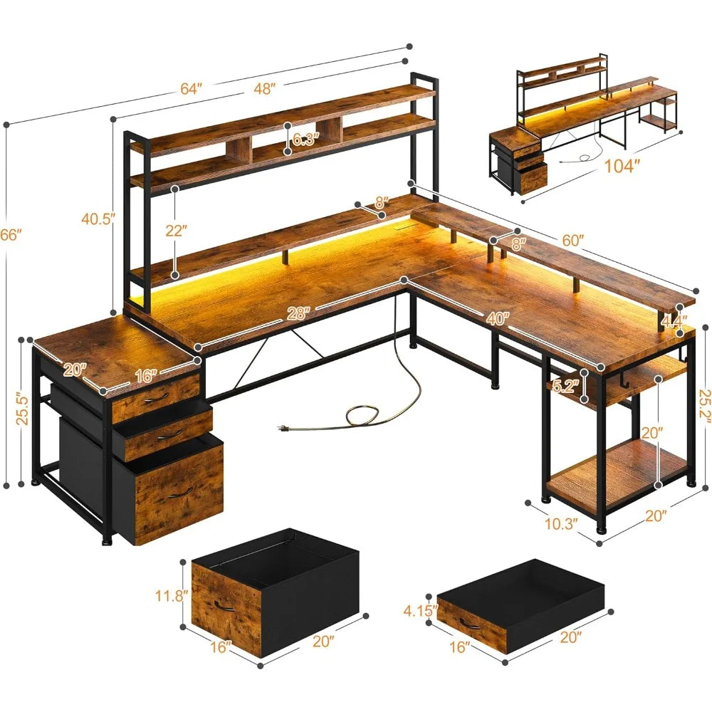 Dual-Sided L-Shaped Desk with Hutch, Drawers and Monitor Shelf