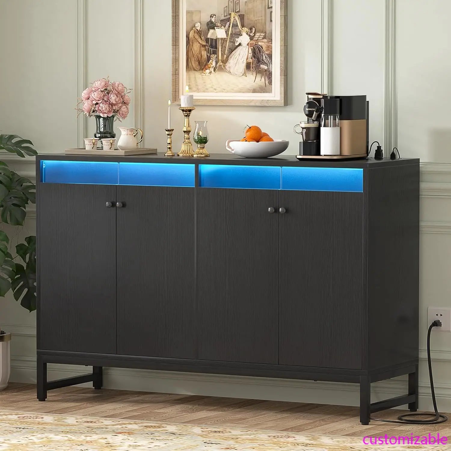 Sideboard Buffet Cabinet with Power Outlet, Kitchen Storage Cabinet with LED Light & Doors