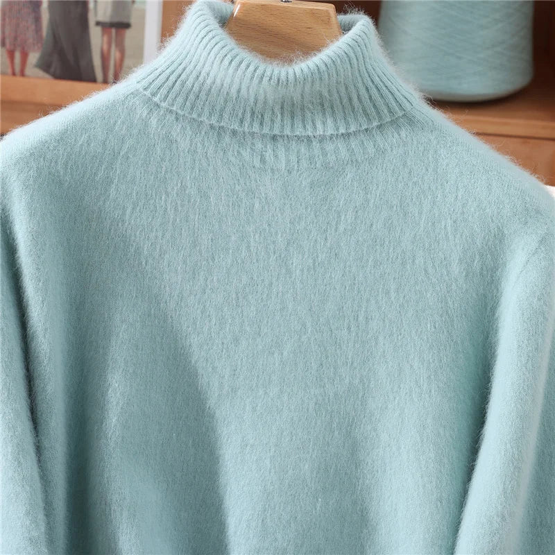 Autumn And Winter 100% Mink Cashmere Sweater, Ladies' High Lapel Solid Color Padded Pullover Wool Knitted Bottoming Shirt