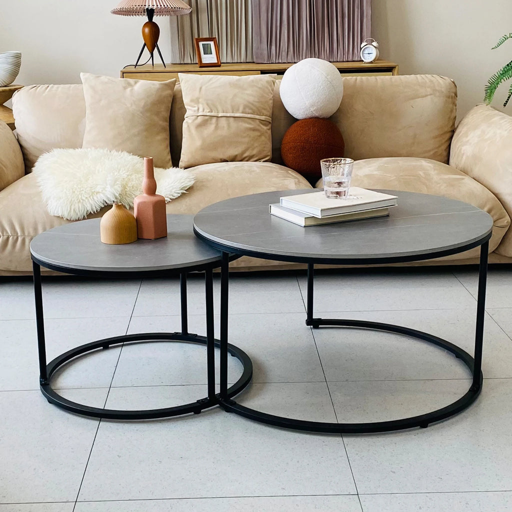 Modern Nesting Round Grey Marble Top Coffee Table Set/ Sintered Stone Table/ Metal Legs Home Furniture