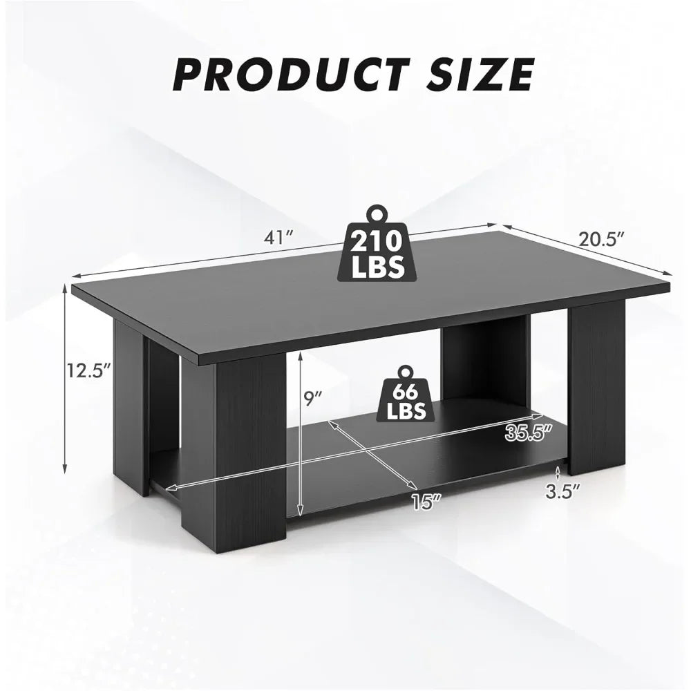 2-Tier Coffee Table, Modern Rectangular Center Cocktail Table with 5 Support Legs, Wooden Accent Living Room Furniture