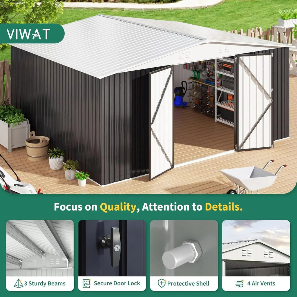 12x14 FT Outdoor Storage Shed, Metal Garden Shed with Lockable Doors, Waterproof Tool Shed for Backyard