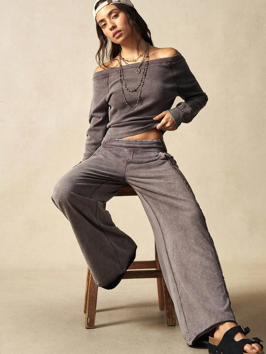 Boho Casual Ribbed Knit Women's 2-Piece Set, Autumn/ Winter Crop Top & Pants