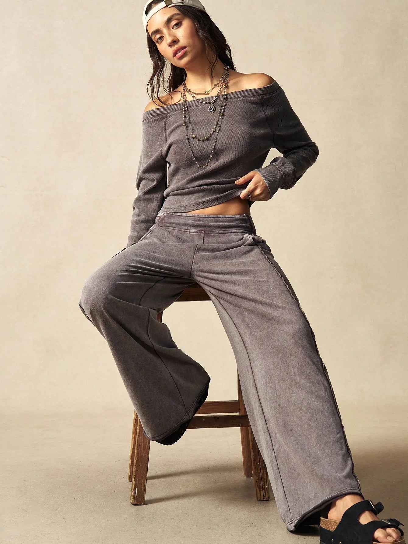 Boho Casual Ribbed Knit Women's 2-Piece Set, Autumn/ Winter Crop Top & Pants