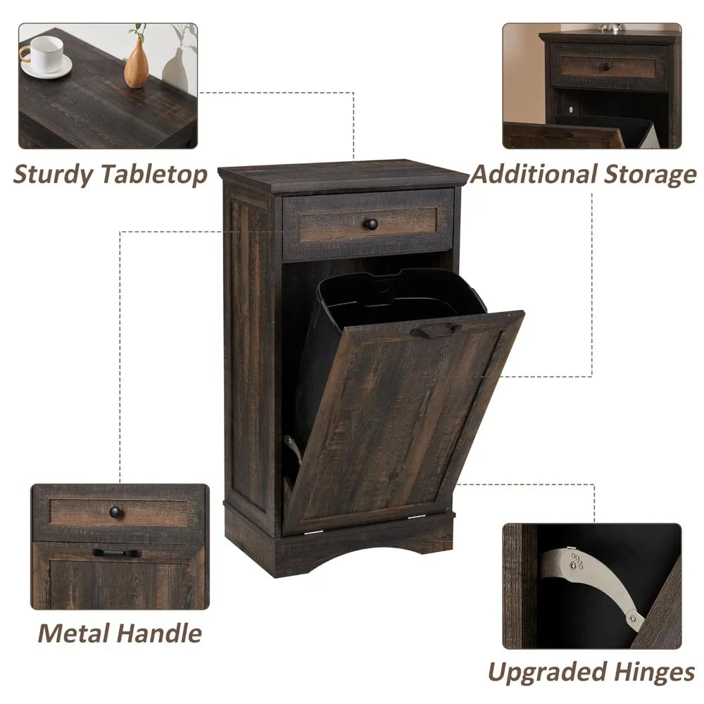 13 Gallons Tilt Out Trash Cabinet, Freestanding Kitchen Trash Bin Cabinet, Wood Garbage Recycling Cabinet with Hideaway Drawer
