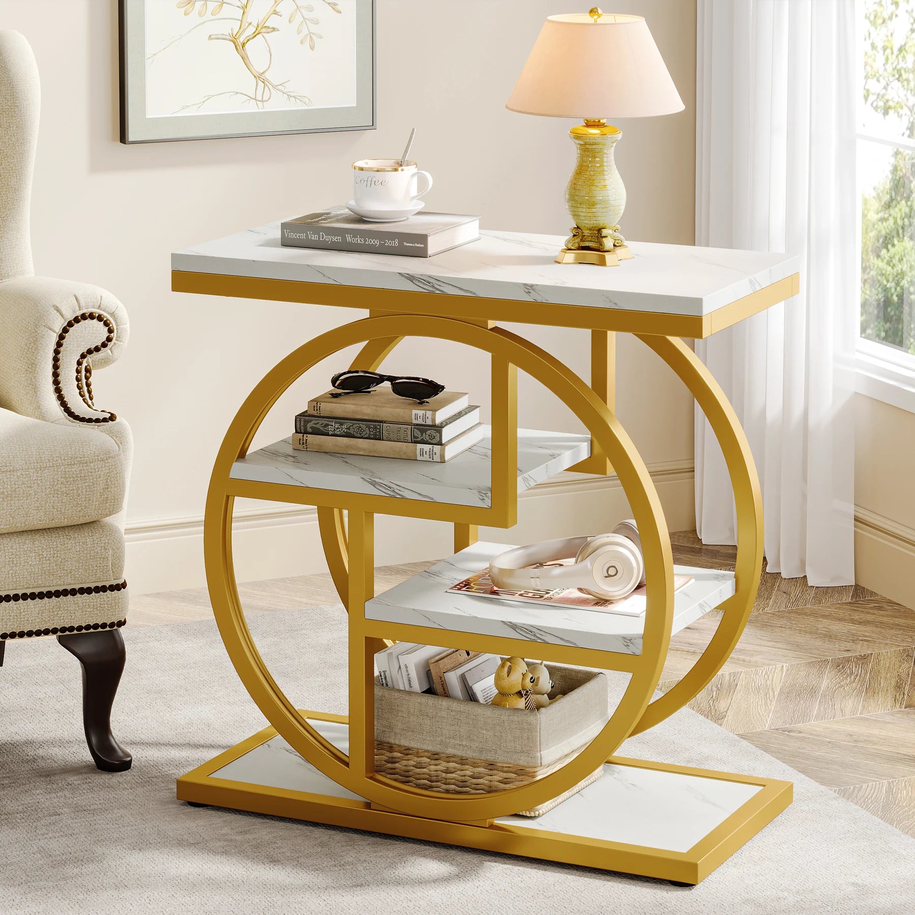 End Table for Living Room and Bedroom, 4-Tier Narrow Side Table with Storage Shelves