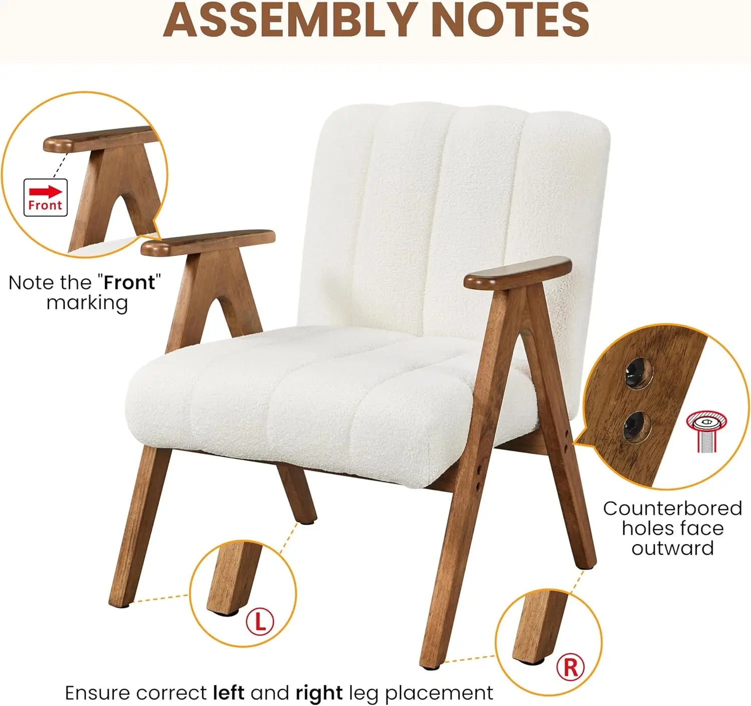 Boucle Fabric Mid Century Accent Chair Set of 2, with Solid Wood Legs