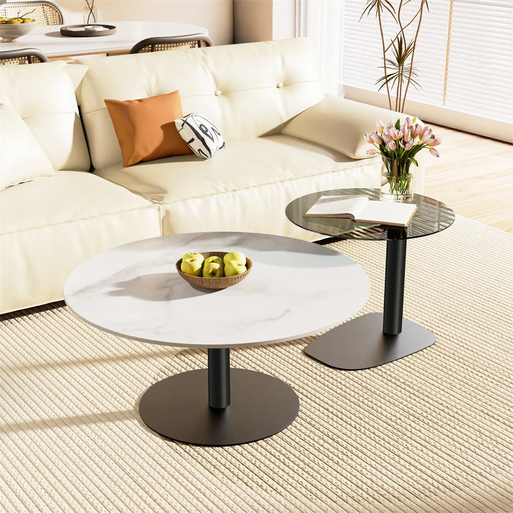 LUVODI Modern Round Marble Coffee Table Set of 2 Living Room Center Table Sofa Side Desk with Black Glass End Table w Metal Legs