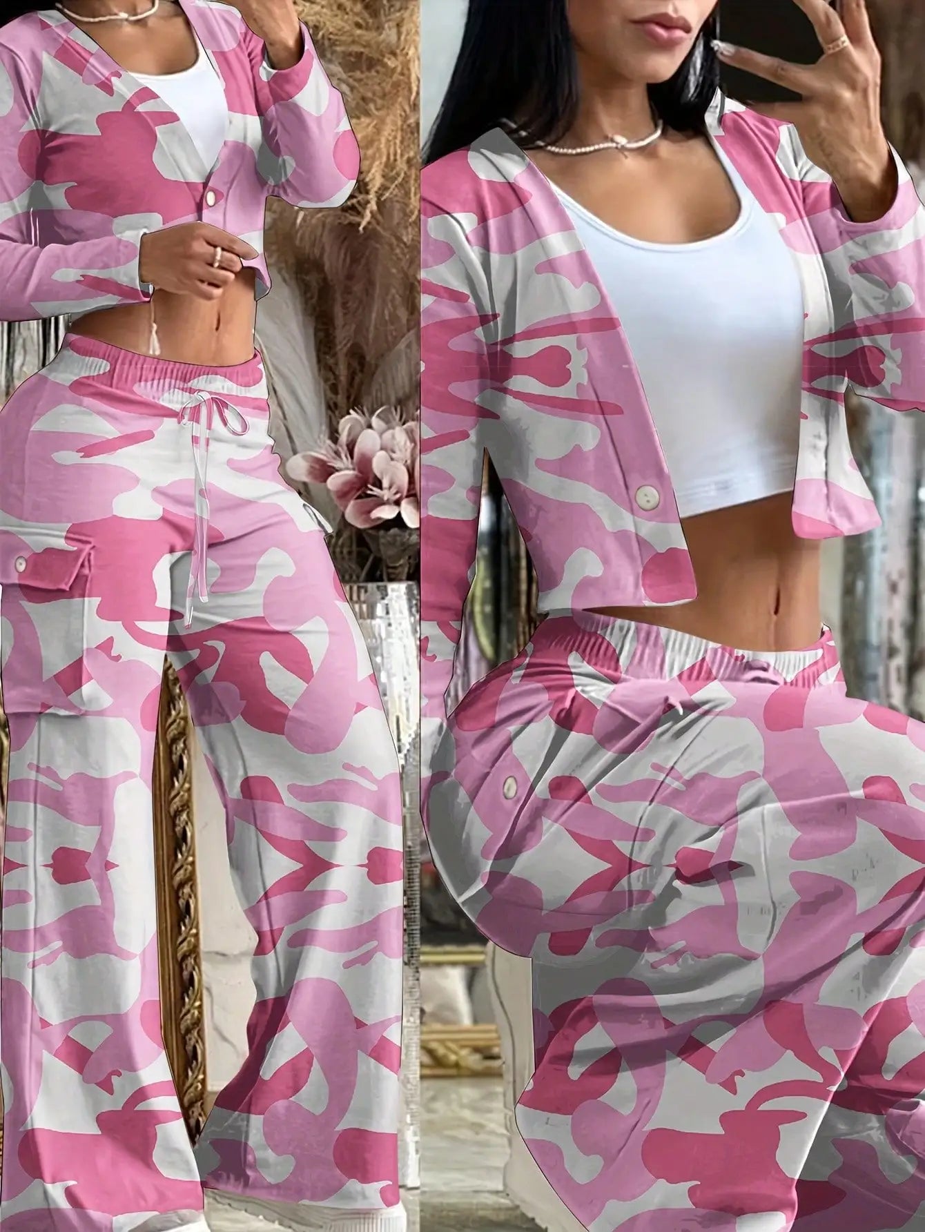 BWQ 2pcs/Set Women Popular Orange Knit Cardigan & Cargo Pant | V-Neck Button-Up Top Pants With Drawstring Waist | Elegant Casual