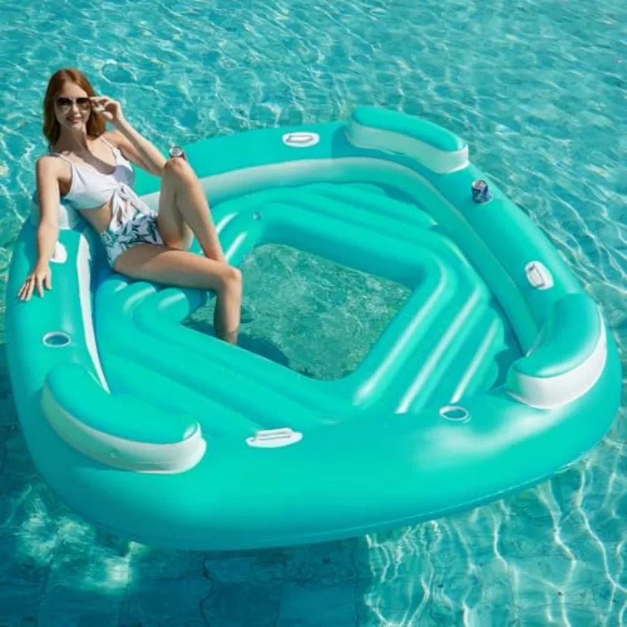Floating Island Pool Float - Giant Inflatable Multi Person Pool Party Floats Swimming Pool Lounger Raft with Cup Holders Lake F