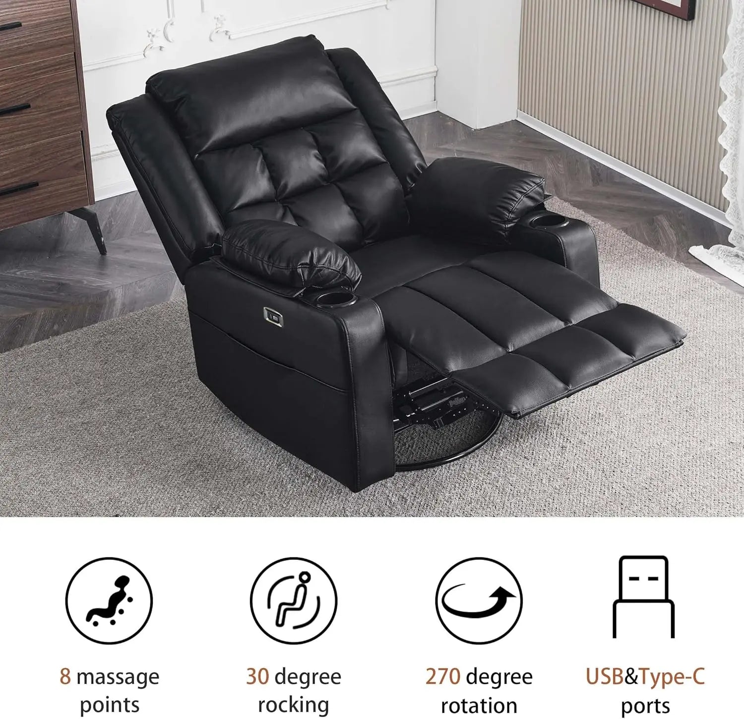 Power Swivel Rocker Recliner Chair for Adults with Massage and Heat, USB and Type-C Ports, Infinite Position, Electric Leather