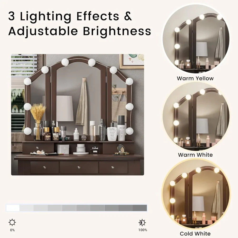 Makeup Vanity Set with Lighted Mirror and Stool, Dressing Table with 5 Drawers, and 3 Light Settings