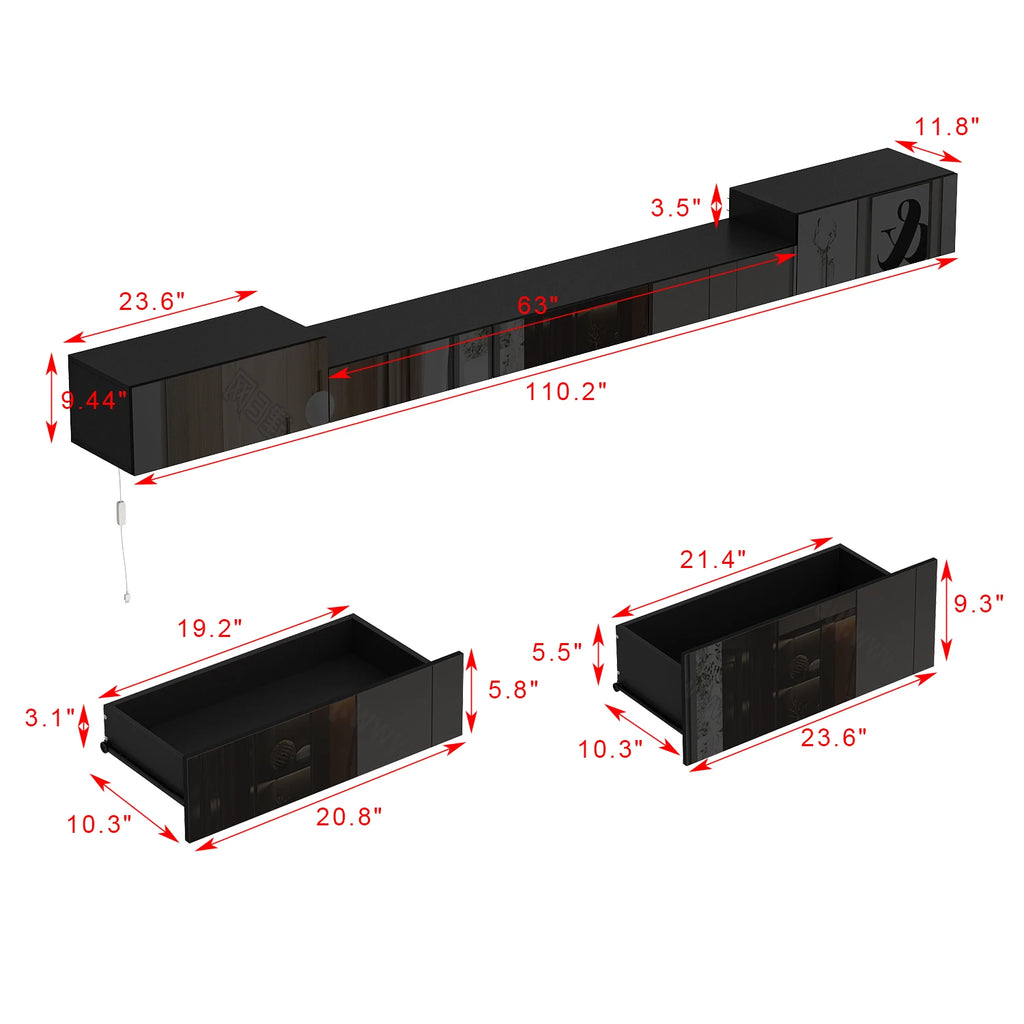 110.2'' L Modern TV Stand with Drawers & LED Lights, Wall-Mounted Media TV Console With Glossy Surface, Black