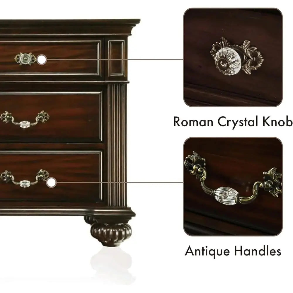 6-Piece Solid Wood Traditional Bedroom Set with Chest, Mirrored Dresser, 2 Nightstands, Requires Box Spring, Queen Size, Walnut