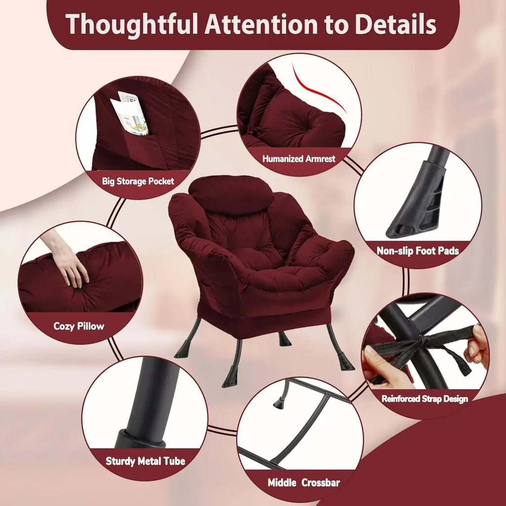 Lazy Chair Thick Padded, Accent Chair Velvet Upholstered with Wide Seat, Stable Metal Frame
