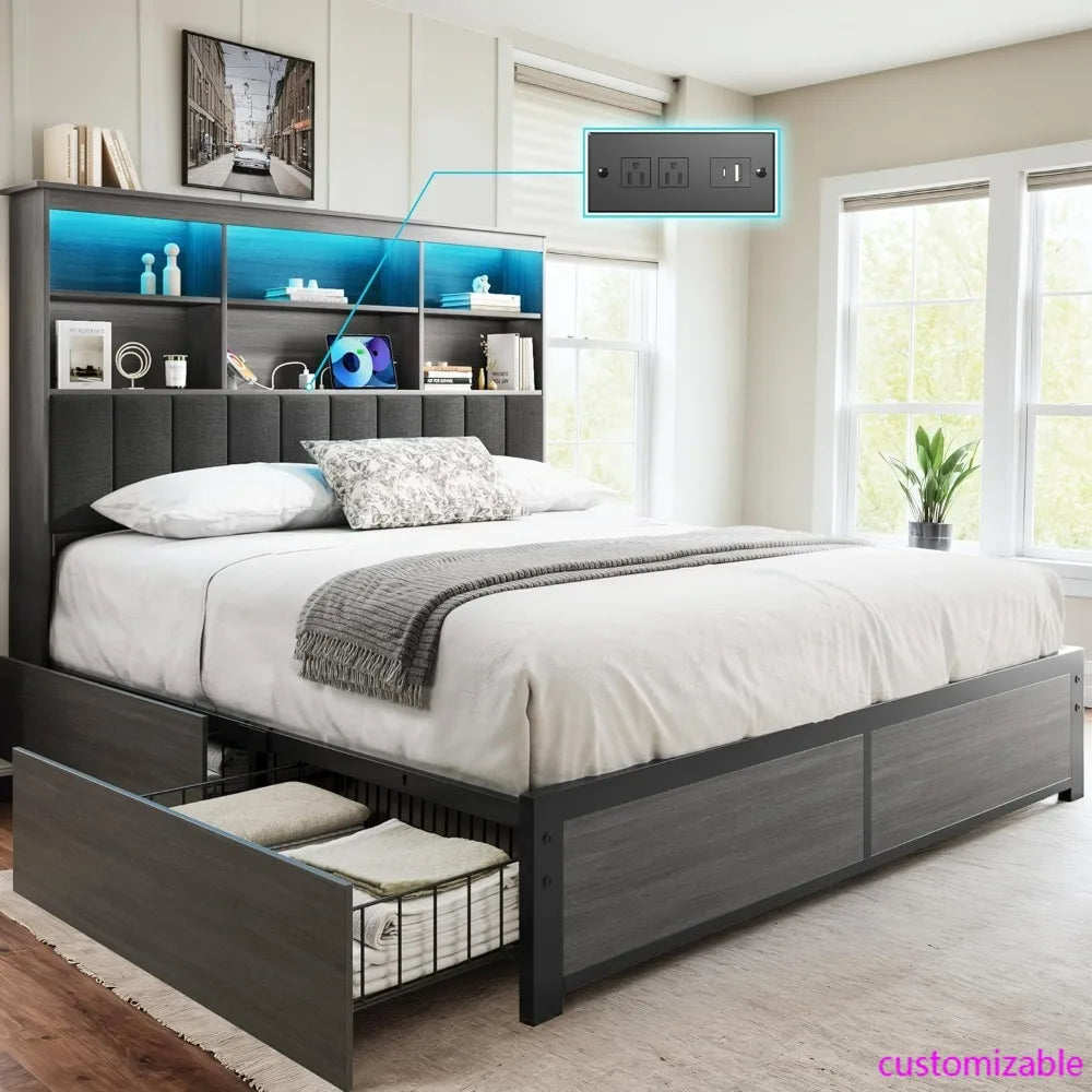 Wooden Queen-Size Bed Frame with Storage Headboard, High Bookcase, 4 Drawers, LED Lights, and Charging Station