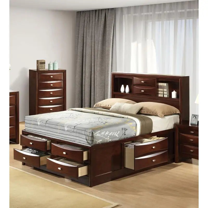 Contemporary King Size Bed with Footboard Drawers & Headboard Bookcase in Cherry Finish