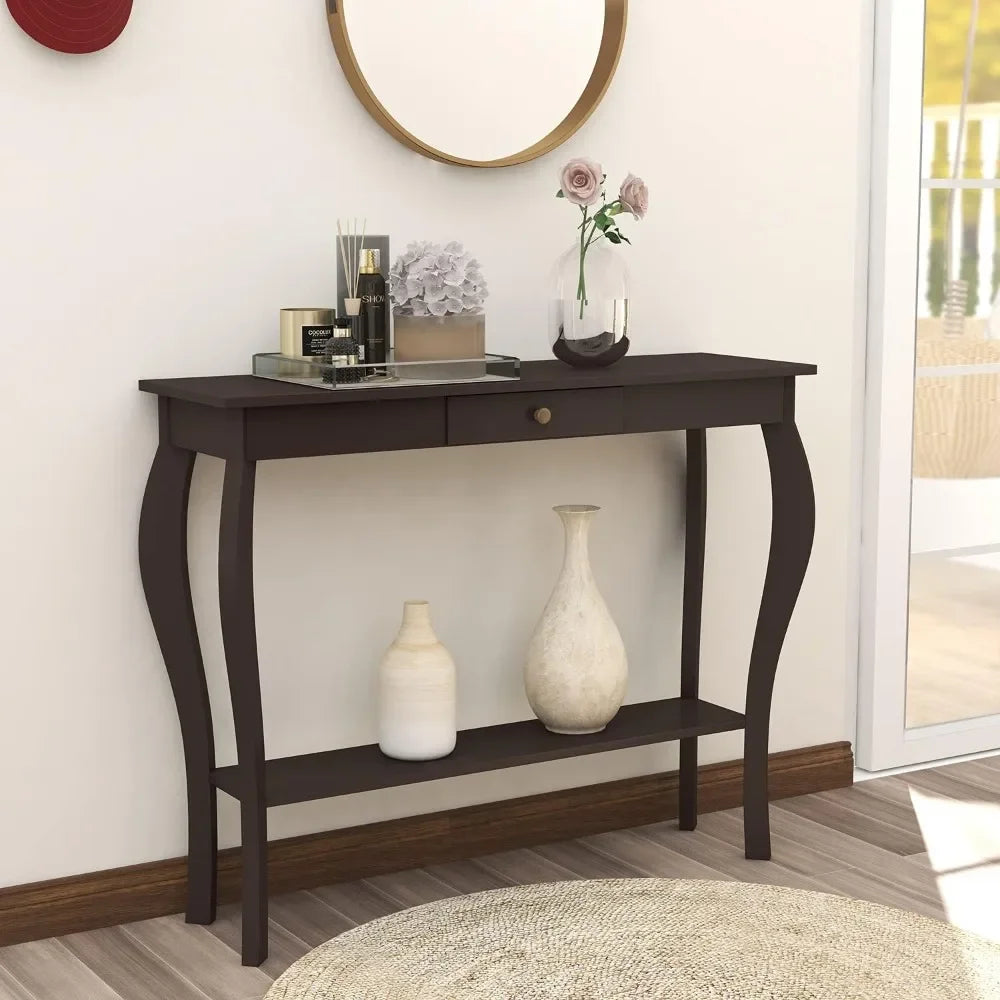Narrow Console Table with Drawer and Shelves, Chic Accent Sofa Entryway Table, Living Room, Hallway, Espresso