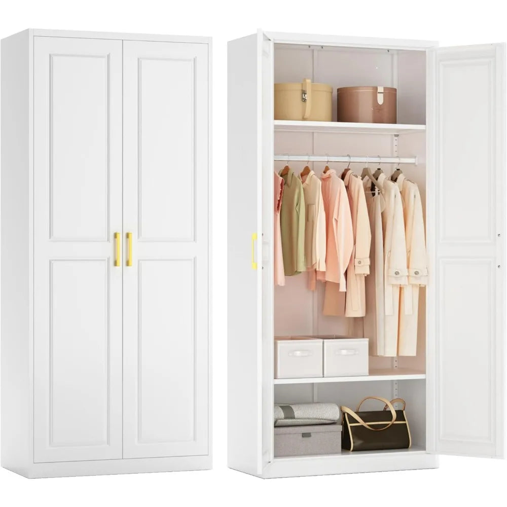 Freestanding 71-Inch Tall Metal Wardrobe with Hanging and Storage, Large Capacity Closet/ Cabinet