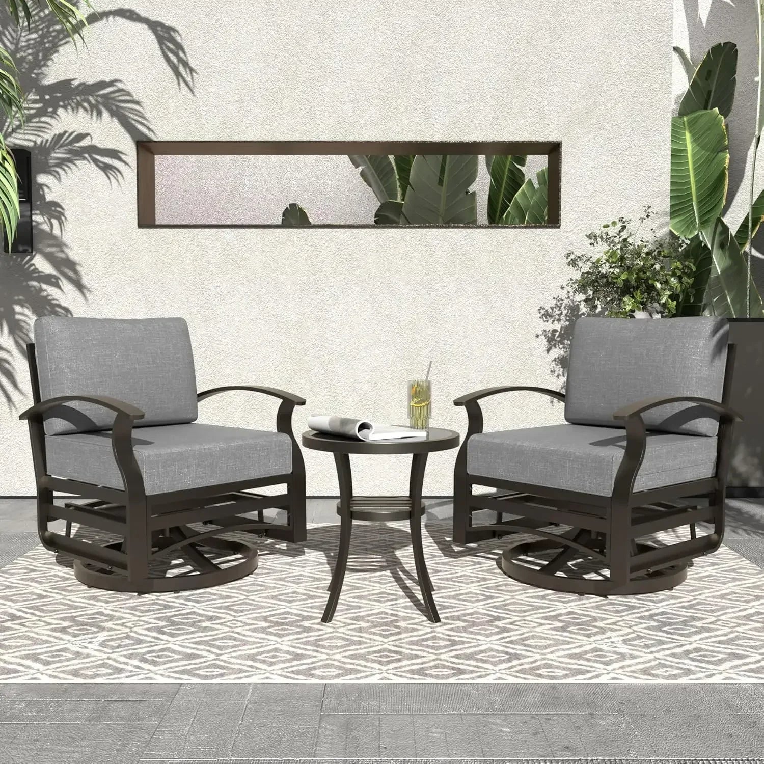 Aluminum Swivel Rocker Patio Chairs w/Thick Cushion, Rocking Chairs with Double Side Table for Balcony Porch/ Patio Pool,
