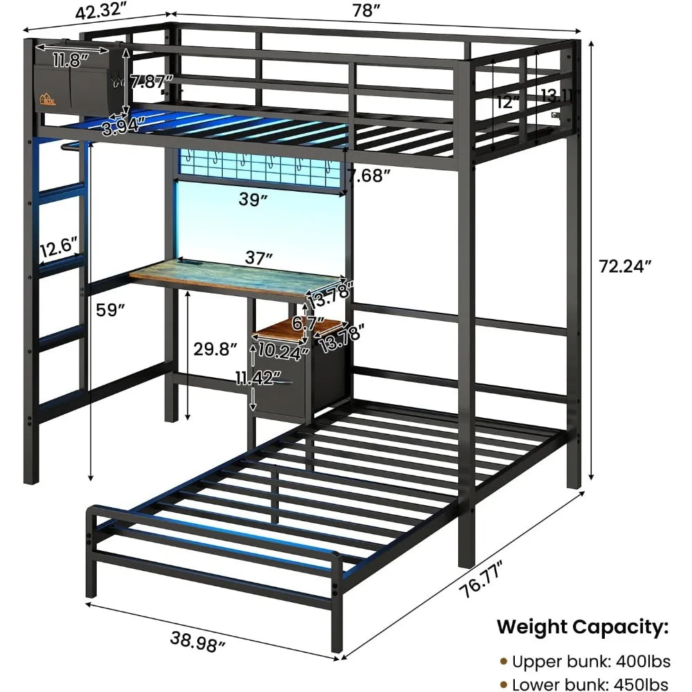 Metal L-Shaped Twin over Twin Bunk Bed with Desk, LED Lighting, and Charging Station
