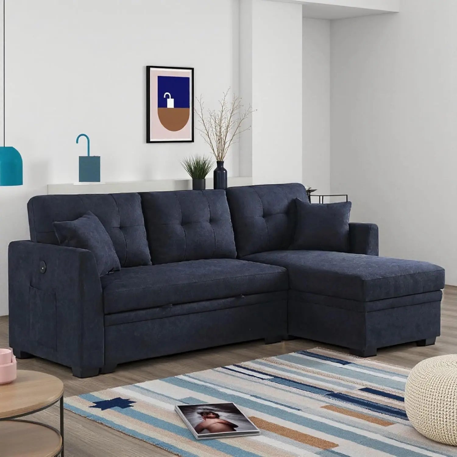 Convertible Sleeper Sofa Bed with L-Shaped Sectional, Reversible Storage Chaise, Dual USB Ports, and Side Pockets