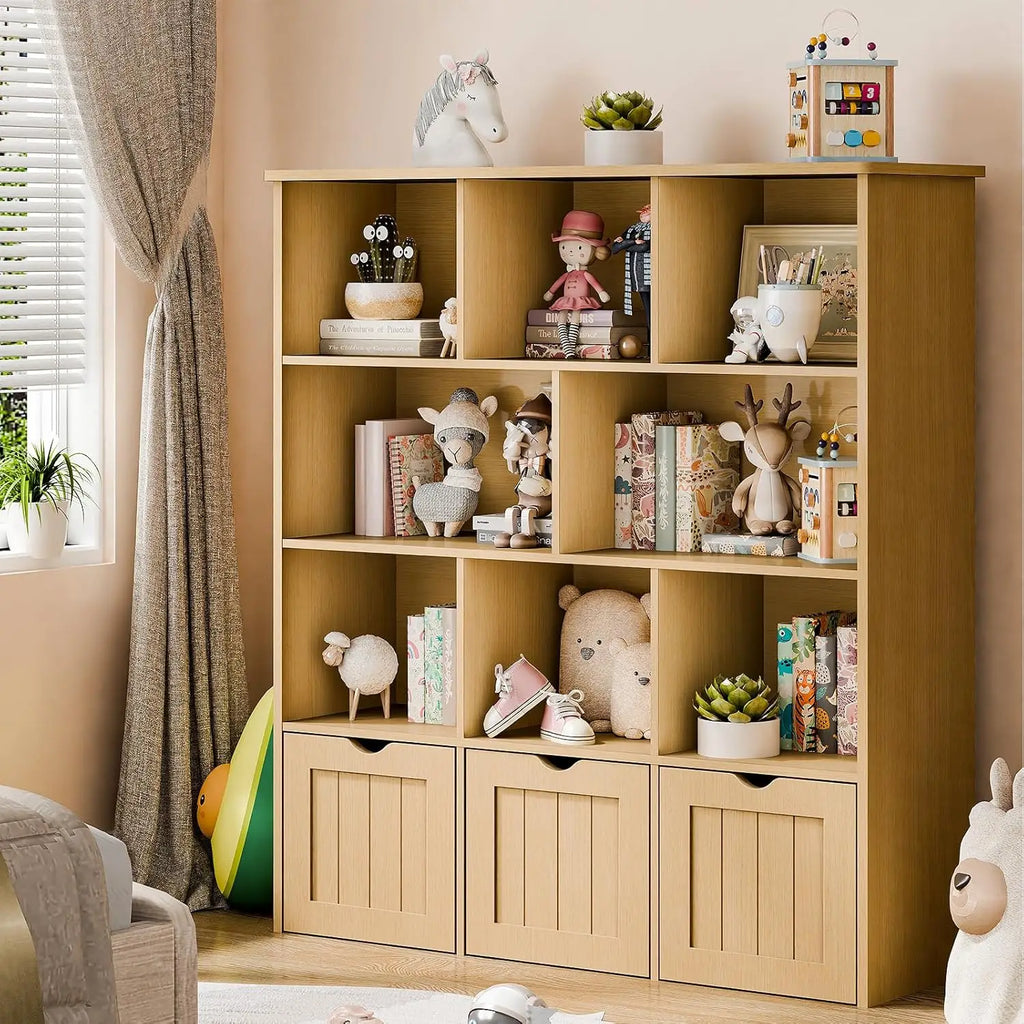 Oak Multifunctional Toy Organizer with 3 Movable Drawers and 8 Storage Cubbies, Kids Bookshelf and Toy Chest Shelf Organizer
