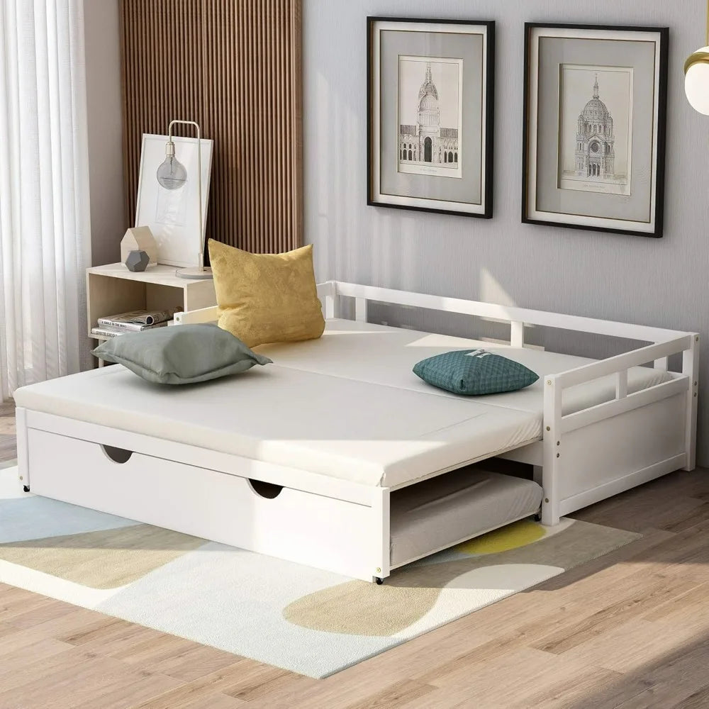 Expandable Daybed with Trundle Drawer, Twin to King Size Conversion, Solid Pine Wood Bed with Slats